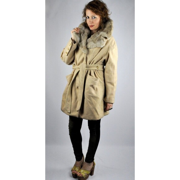 Faux Fur 60s Coat - Brown Jacket Large COLLAR Trench Coat - Belted Pockets S - M - Picture 2 of 5